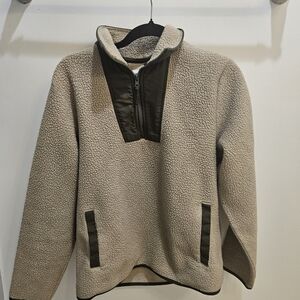 Unisex Sherpa Pullover Fleece Sweater - Beige with Olive Trim Old Navy